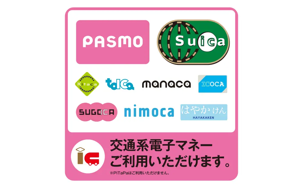 交通系電子マネー(PASMO,Suica,Kitaca,TOICA,manaca,ICOCA,SUGOCA,nimoca,はやかけん)ご利用いただけます。※PiTaPaはご利用いただけません。